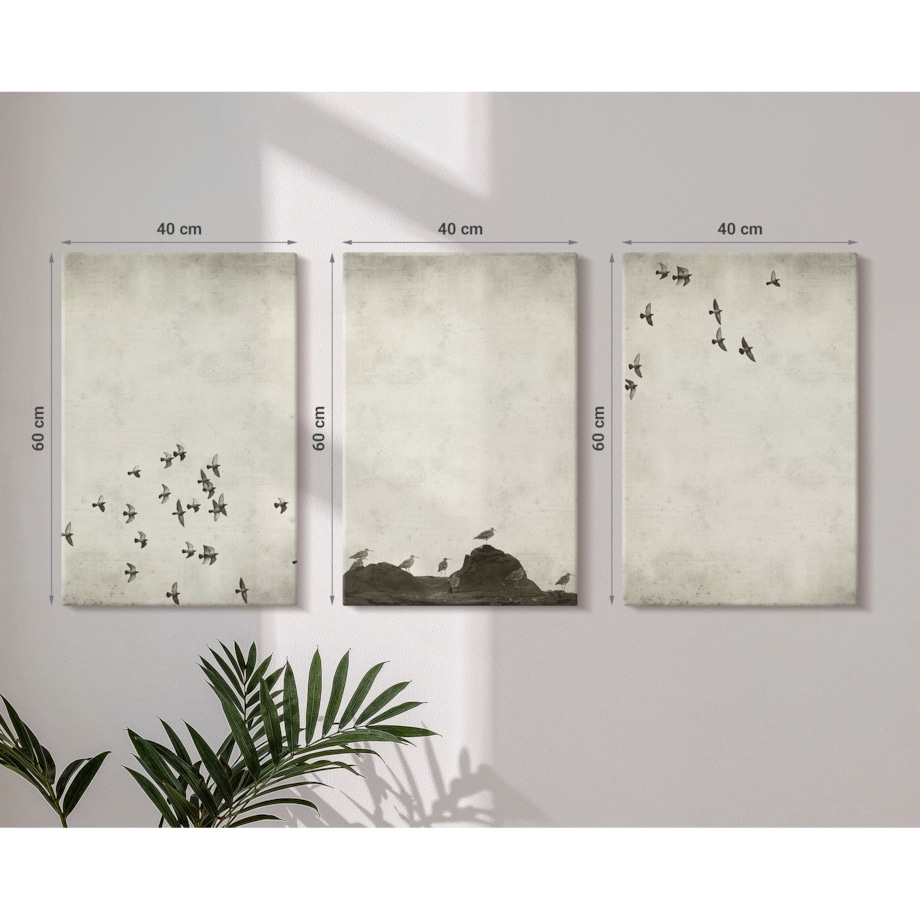 Zestaw 3 dużych obrazów na płótnie - Ptaki w locie styl minimalistyczny - beżowy