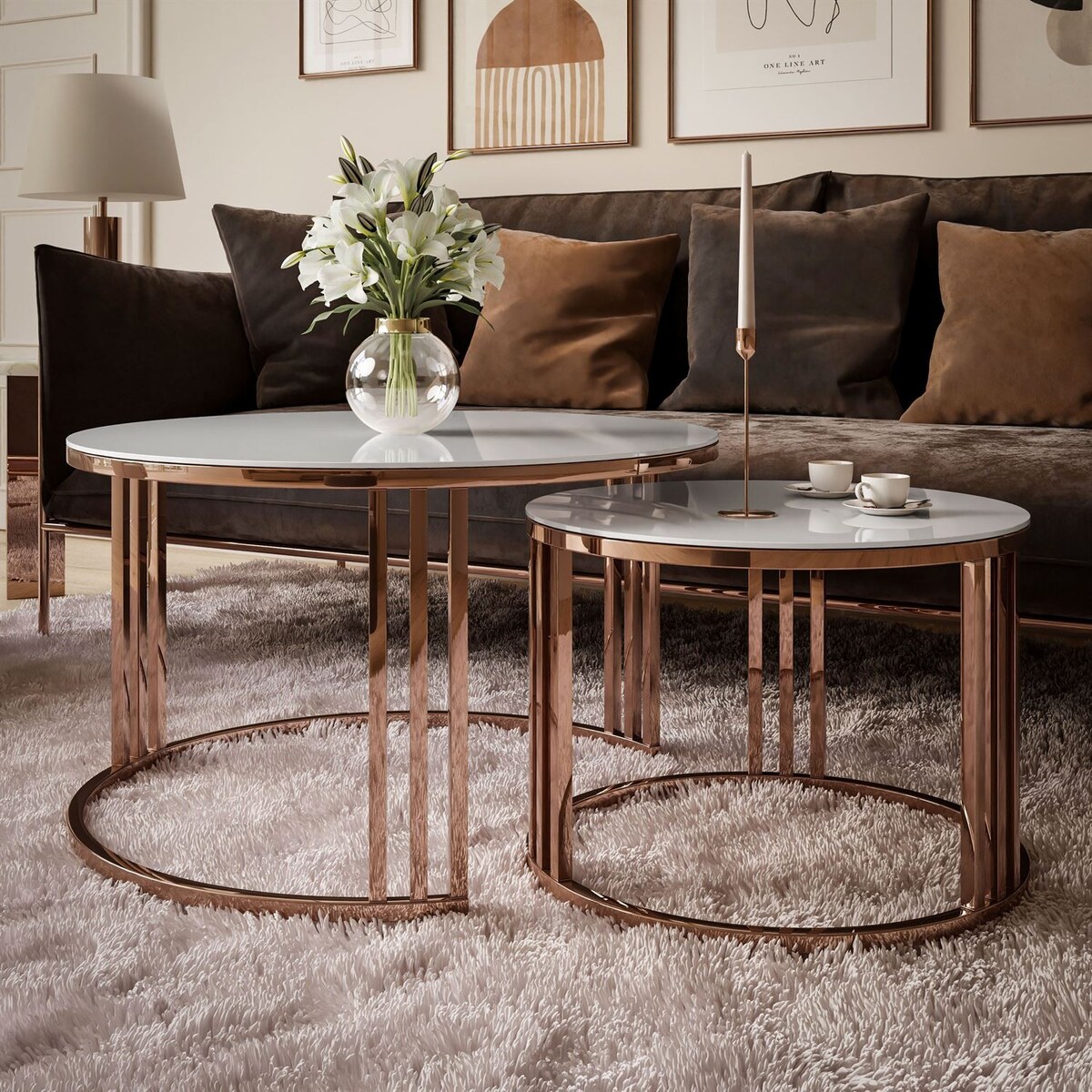 Stolik kawowy LORI 2w1 miedź białe szkło