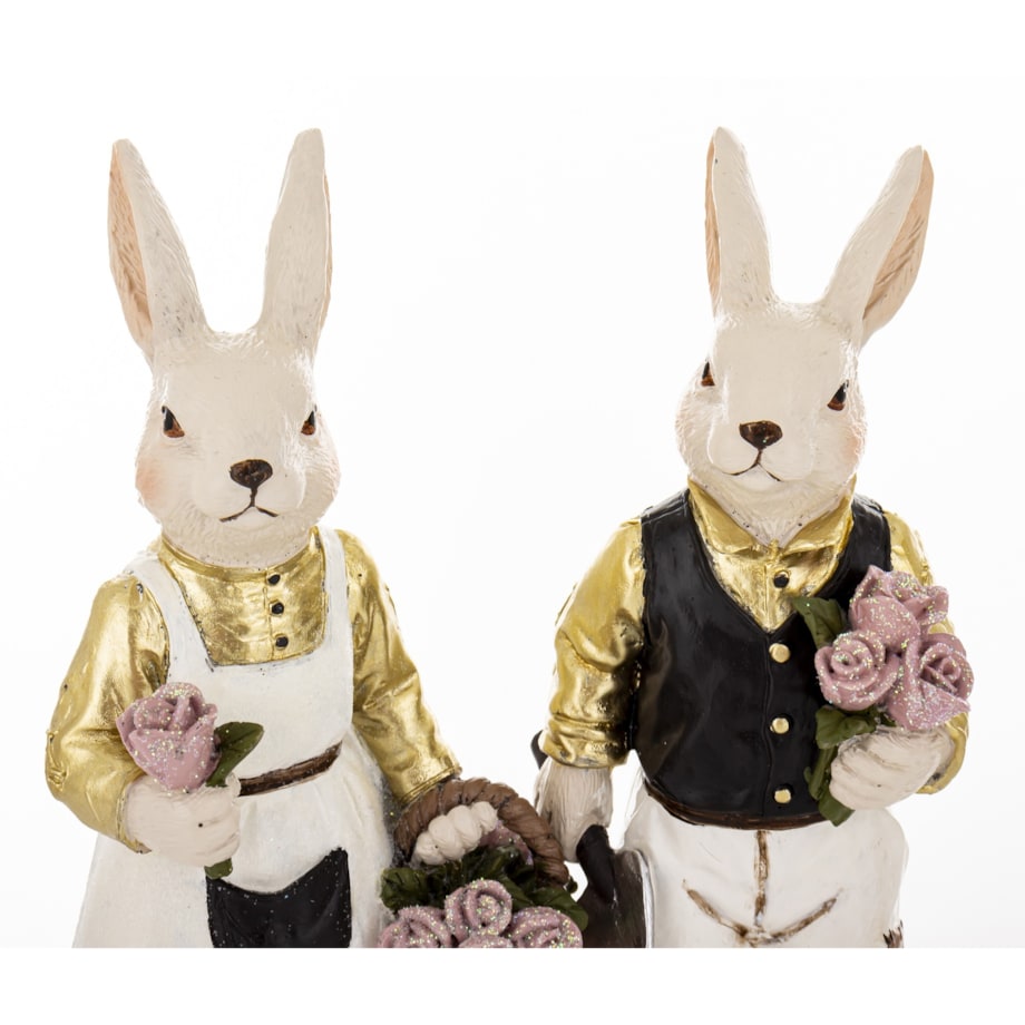 Dekoracja - para królików 21,5x7,5x6 i 22x10x7 cm FRODO z koszem róż