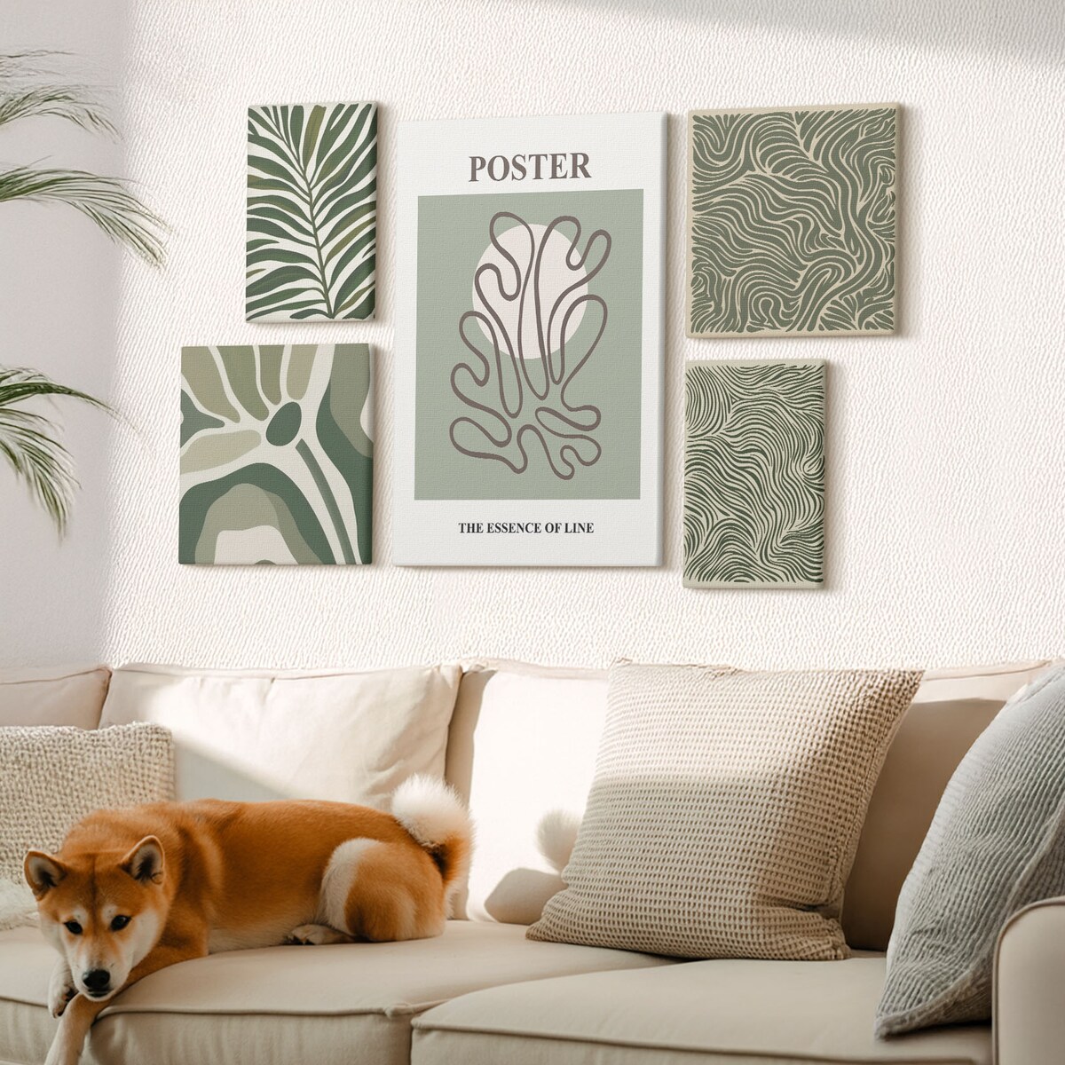 Zestaw 5 obrazów na płótnie - Abstrakcyjne roślinne formy boho - zielony