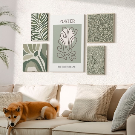 Zestaw 5 obrazów na płótnie - Abstrakcyjne roślinne formy boho - zielony