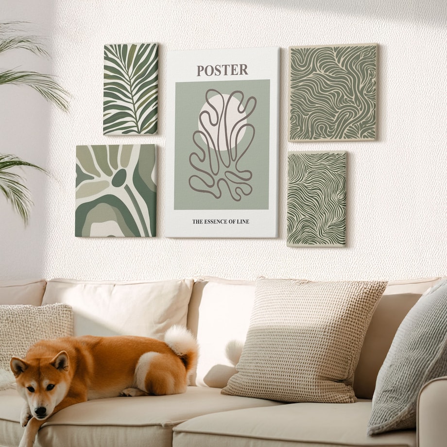 Zestaw 5 obrazów na płótnie - Abstrakcyjne roślinne formy boho - zielony