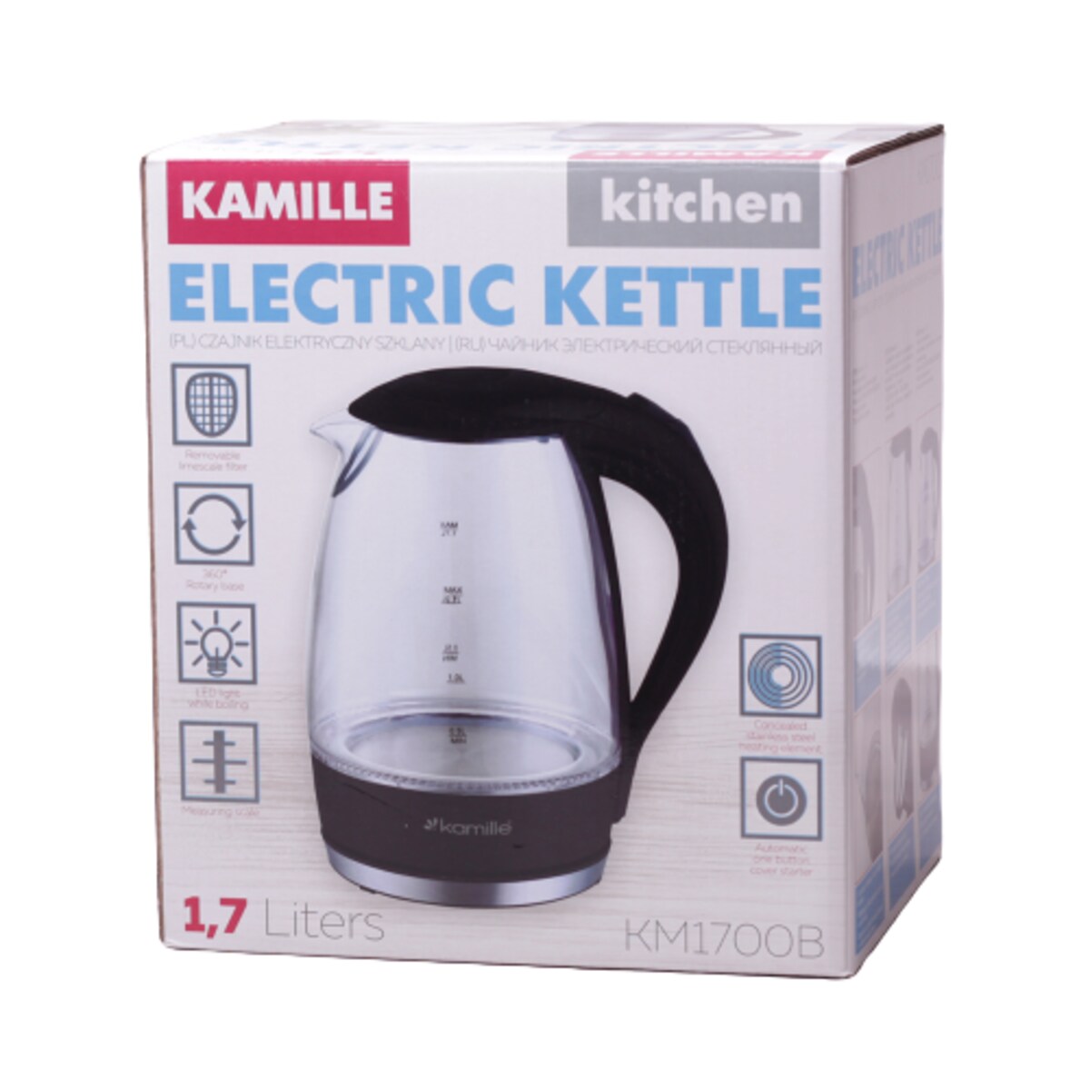Szklany czajnik elektryczny z LED 1.7L KAMILLE