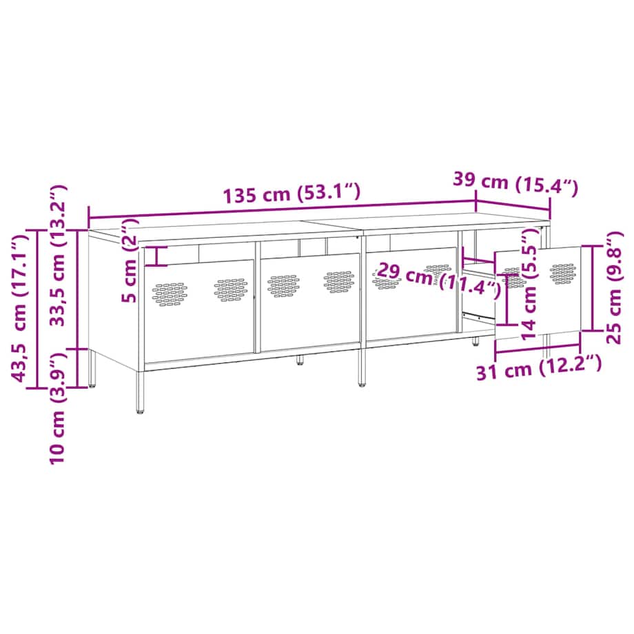 vidaXL Szafka RTV, oliwkowa, 135x39x43,5 cm, stal walcowana na zimno
