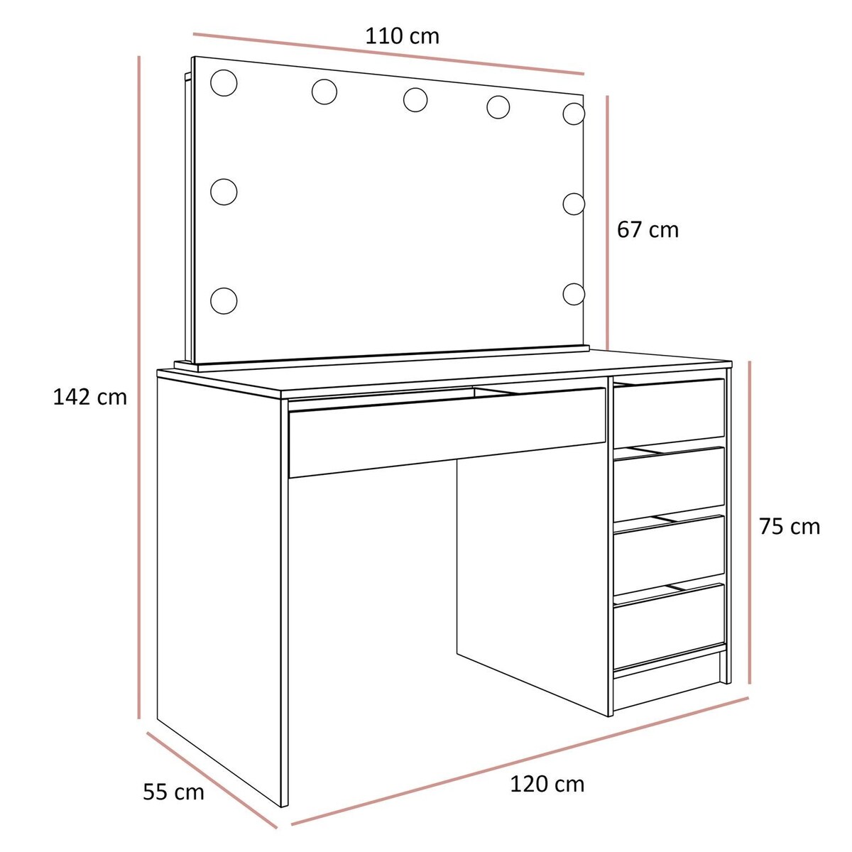 Toaletka MADA ELITE KASZMIR z lustrem i oświetleniem, kaszmir połysk