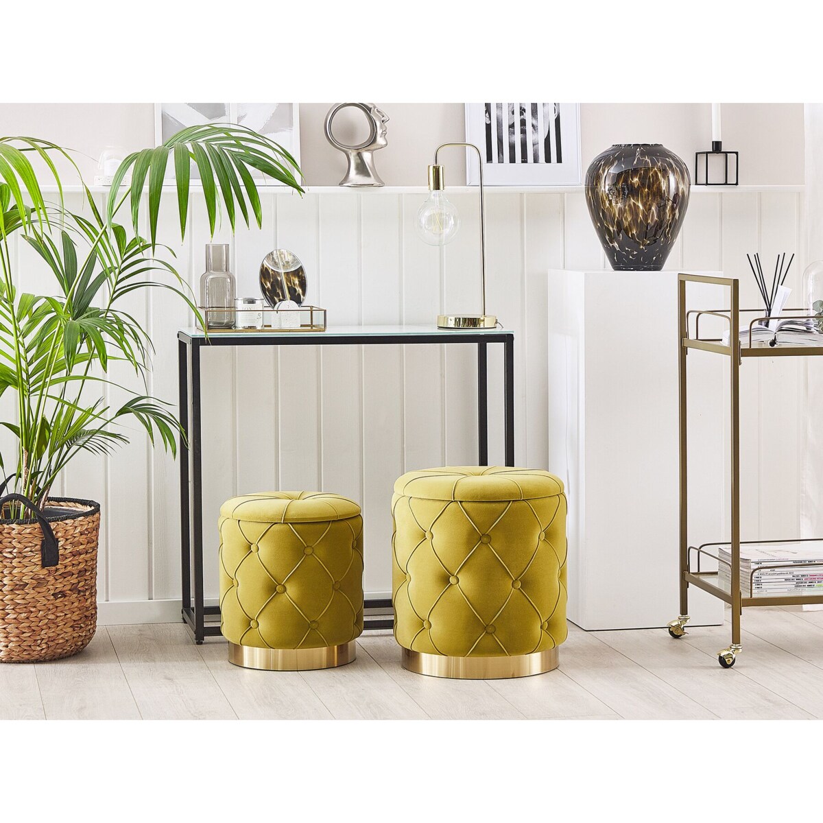 Zestaw 2 pufów ze schowkiem musztardowy PUEBLO