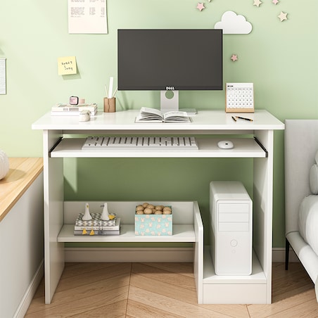 Biurko Komputerowe Białe Nowoczesne Z Szufladą Półkami Młodzieżowe Stolik