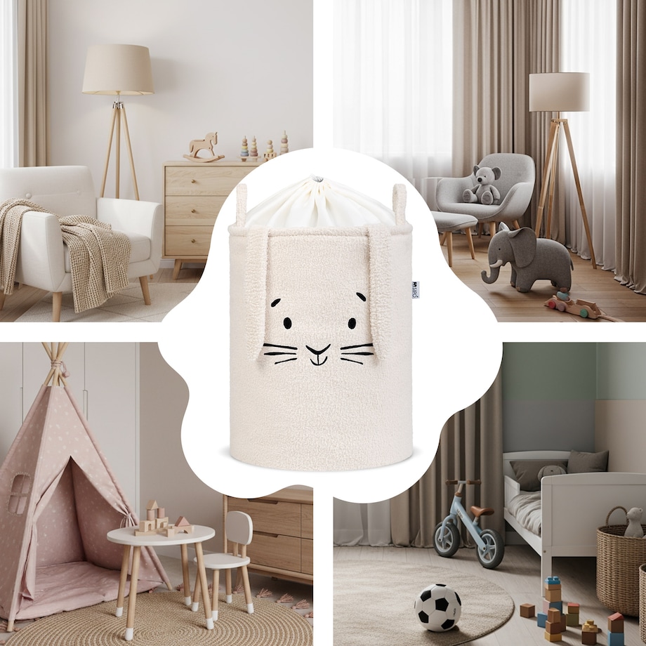 kosz na zabawki sipo, wersja premium boucle, zamykany na ściągacz, kremowy królik, xl