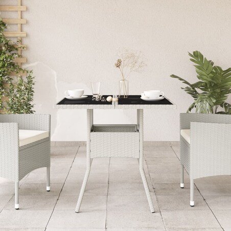 vidaXL Stół ogrodowy ze szklanym blatem, biały 80x80x75 cm, polirattan