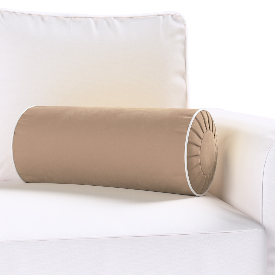 Poduszka wałek z zakładkami z lamówką, beżowy, Ø20 x 50 cm, Velvet