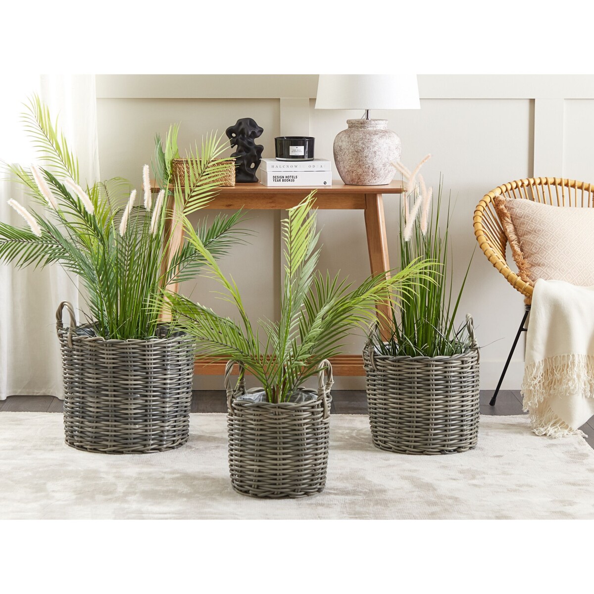 Zestaw 3 koszy na kwiaty z technorattanu brązowoszary NIKITI