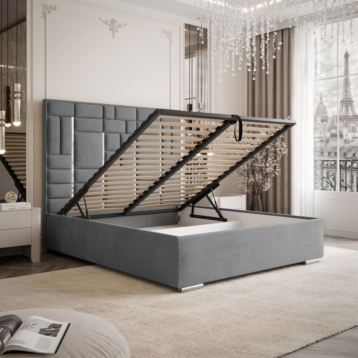 Łóżko tapicerowane BRIGITTE SILVER, pojemnik na pościel, s34, 180x200, Element 23