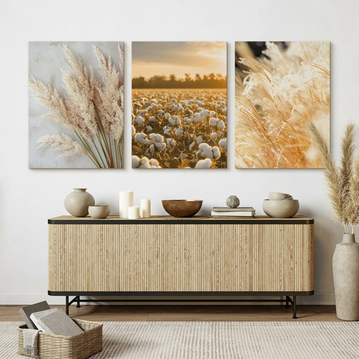 3x Obraz Do Sypialni Set Pejzaż Zachód Słońca Trawy Bawełna Styl Boho 30x40cm