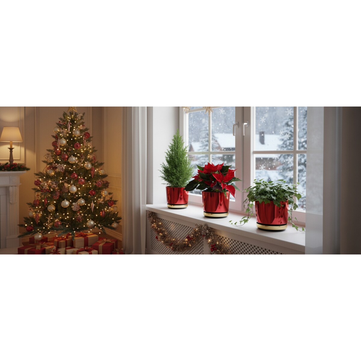 12 cm Doniczka z podstawką Czerwona + Złoty błyszczący wysoki połysk świąteczna do POINSECJI Gwiazdy Betlejemskiej dekoracja do stroików z drenażem wzór DUO/083/011