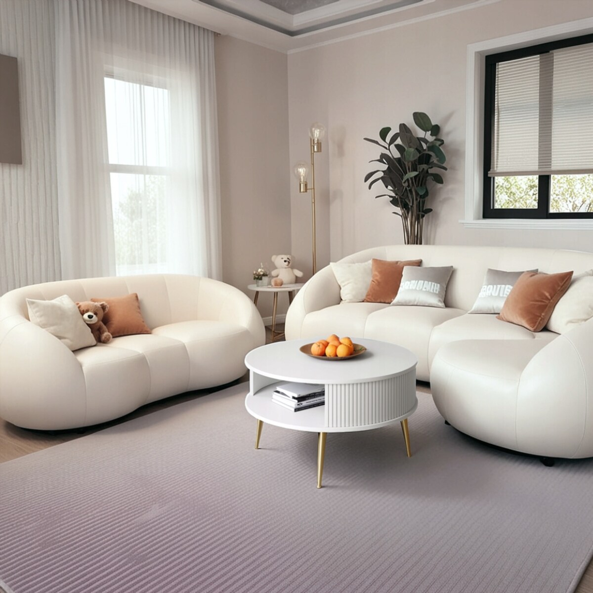 Stolik Kawowy Okrągły DO SALONU Biały Złote Nogi Lamele GLAMOUR 76cm