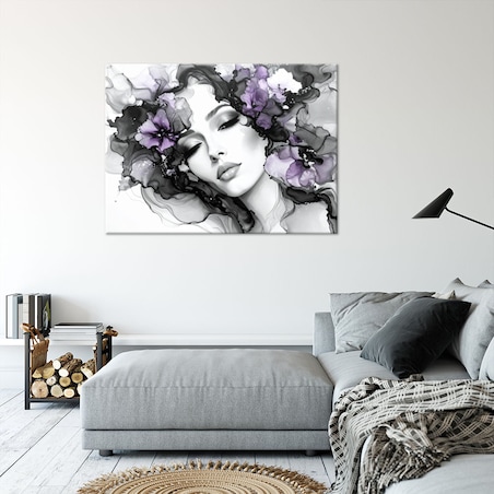 Obraz czarno biały do salonu sypialni, Kobieta i fioletowe kwiaty na głowie 90x60