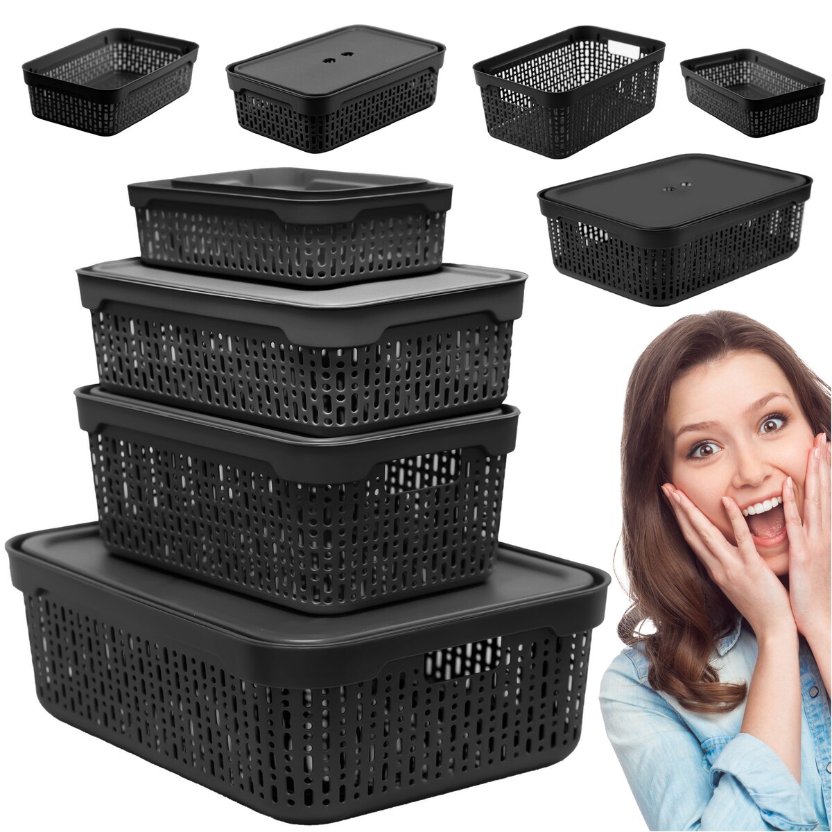 5X Koszyk Ażurowy Koszyczek Plastikowy Na Kosmetyki Do Łazienki Pudełko Pojemnik Do Szuflady Czarny Zestaw