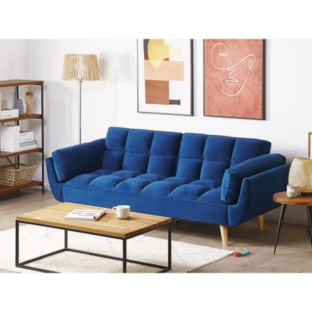 Sofa rozkładana welurowa niebieska ASBY