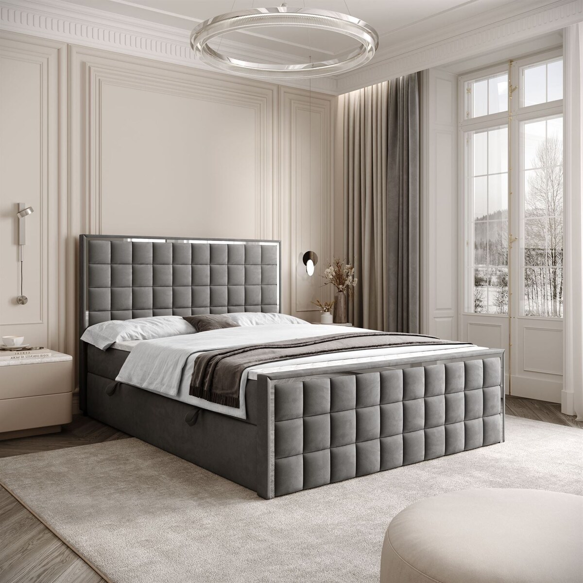 Łóżko kontynentalne ISADORA II SILVER, pojemnik na pościel, 180x200, RV 250, topper