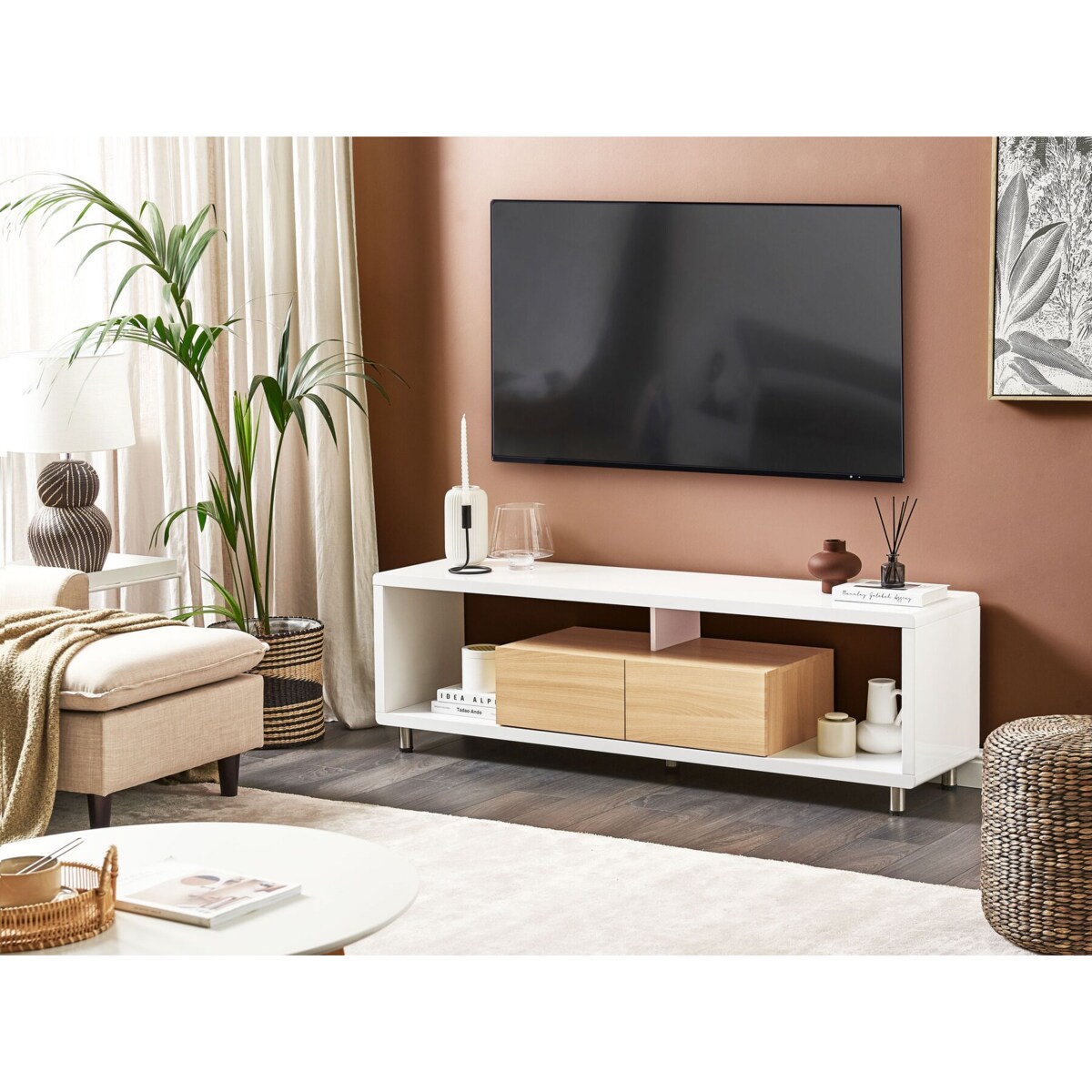 Szafka RTV biała z jasnym drewnem KNOX