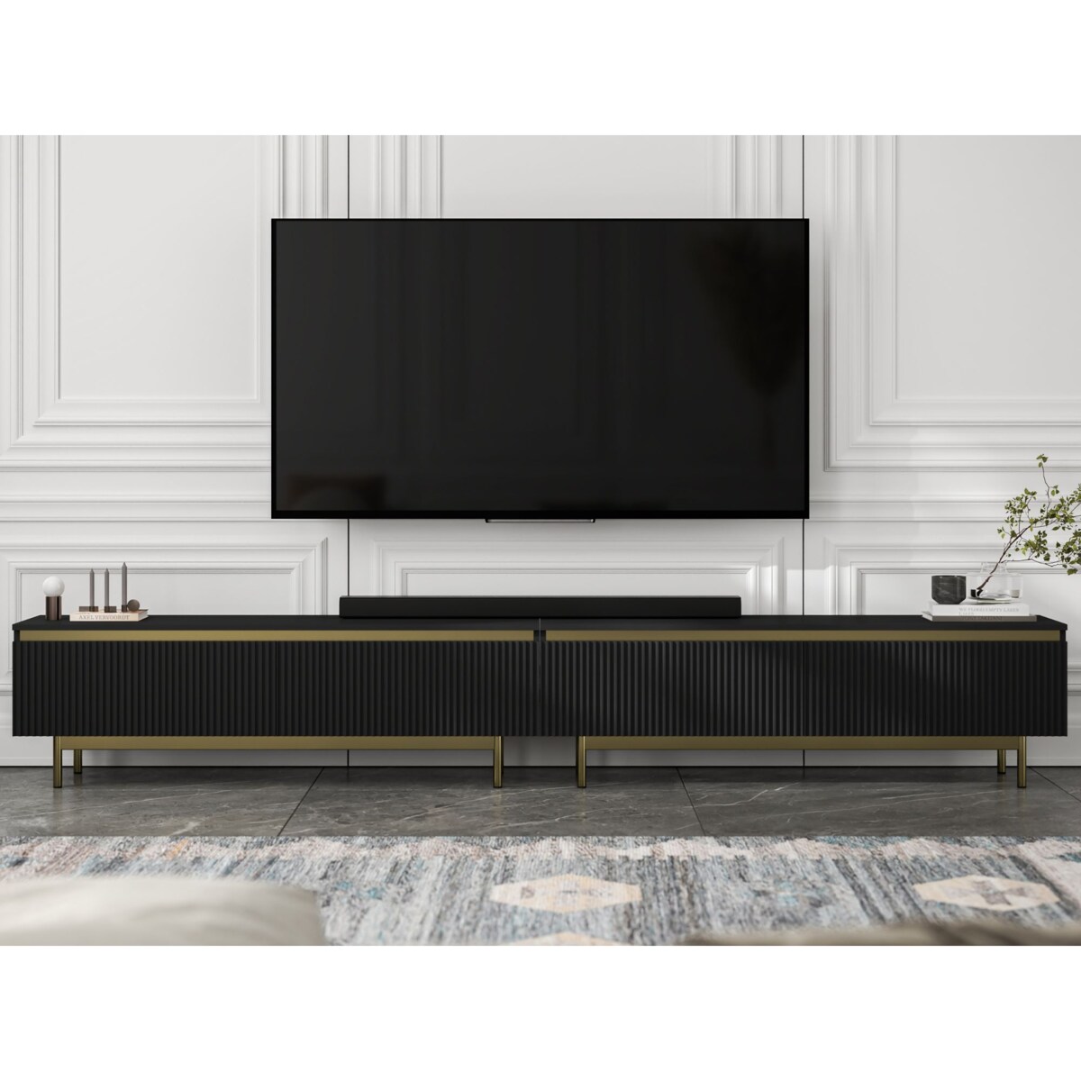 Nowoczesna Szafka RTV Glamour Komoda RTV Czarny Mat 280 cm złote akcenty