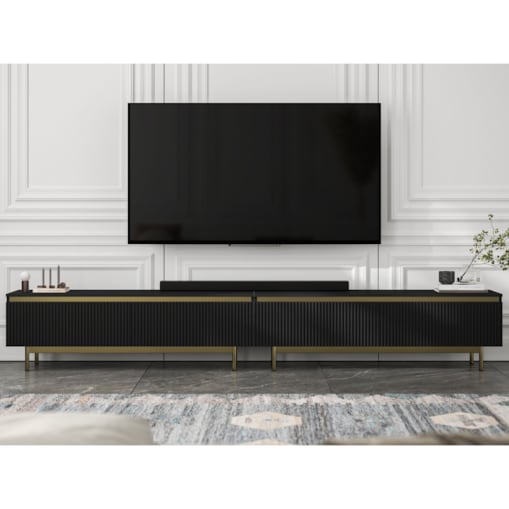 Nowoczesna Szafka RTV Glamour Komoda RTV Czarny Mat 280 cm złote akcenty