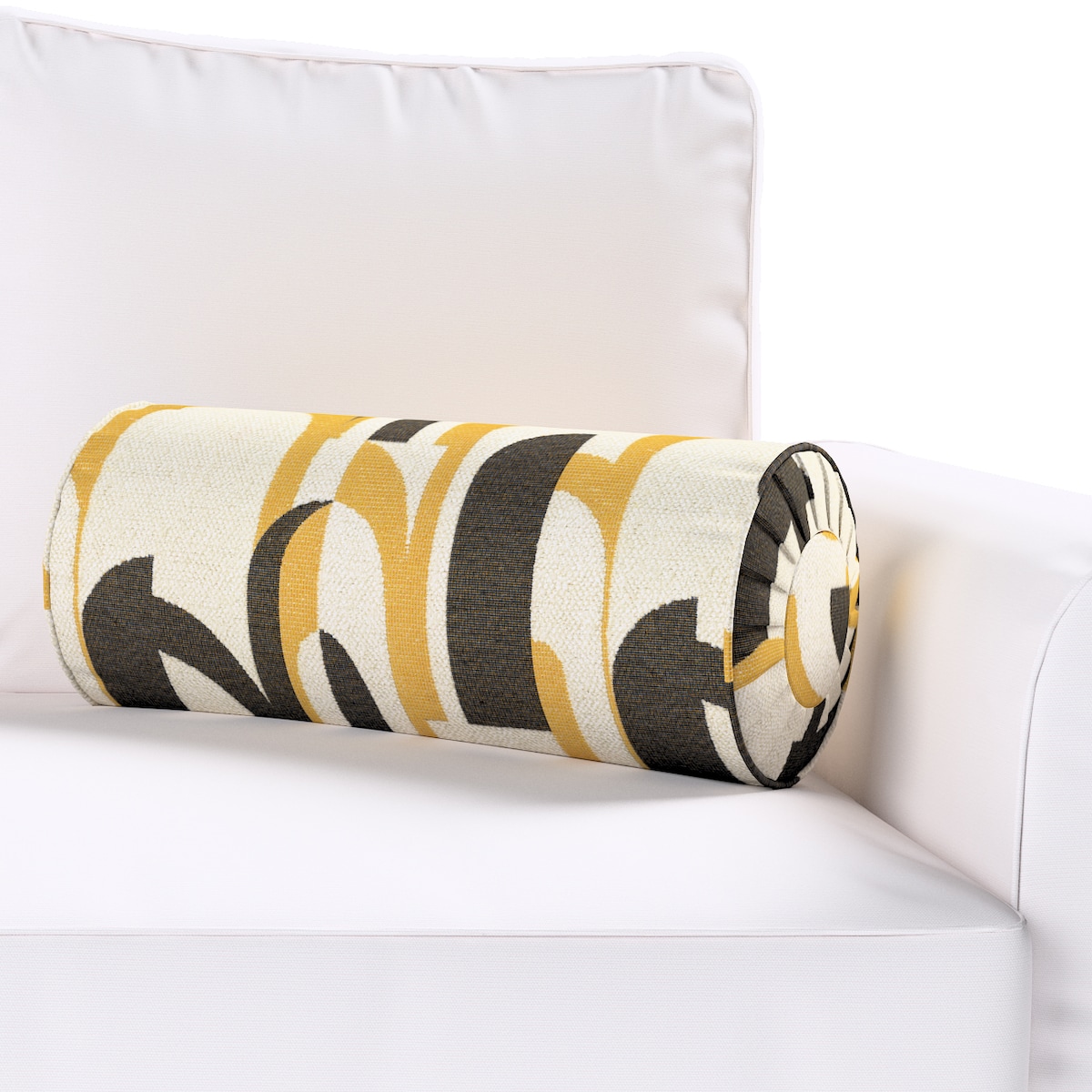 Poduszka wałek z zakładkami, czarno-żółte wzory na kremowym tle, Ø20 x 50 cm, Cosy Home