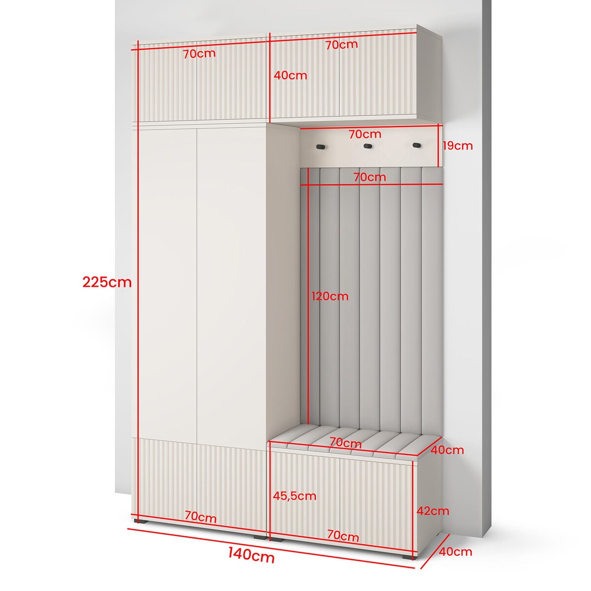 Garderoba ryflowana Ritmo wersja 2 panele tapicerowane Trinity 02 Cashmere