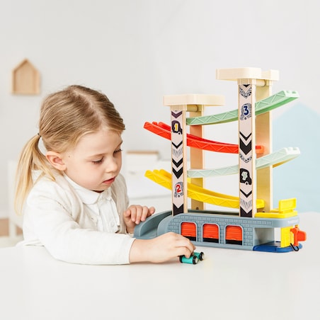 Tor wyścigowy dla dzieci – zjeżdżalnia z autami, garażami i stacją benzynową 18 mies.+ Top Bright