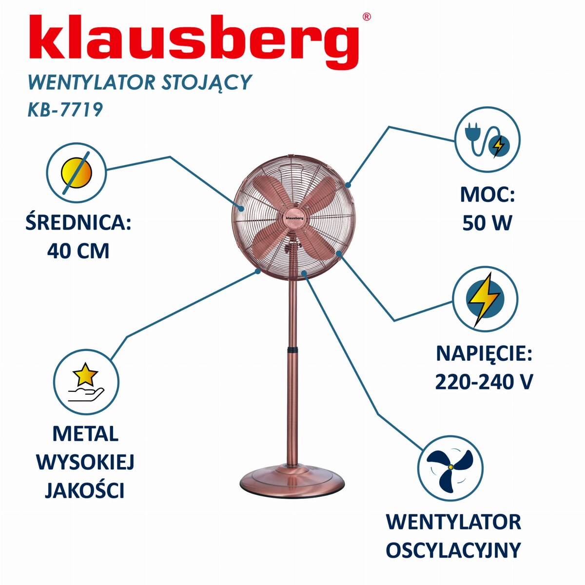 Wentylator stojący podłogowy 40cm 50W metalowy Rose Gold KLAUSBERG