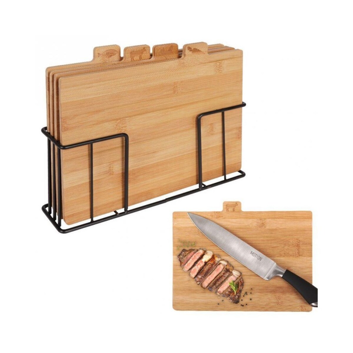 Deski do krojenia bambusowe, 4 sztuki na metalowym stojaku