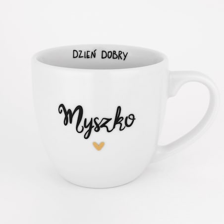 Biały Kubek Porcelanowy 300 ml - Napis Dzień Dobry Myszko ze Złotym Sercem dla Partnerki na Rocznicę
