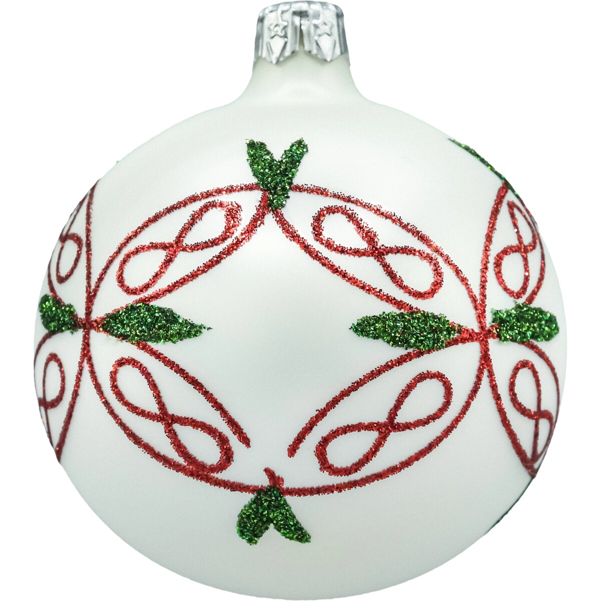 Bombki okrągłe białe: czerwono-zielony ornament