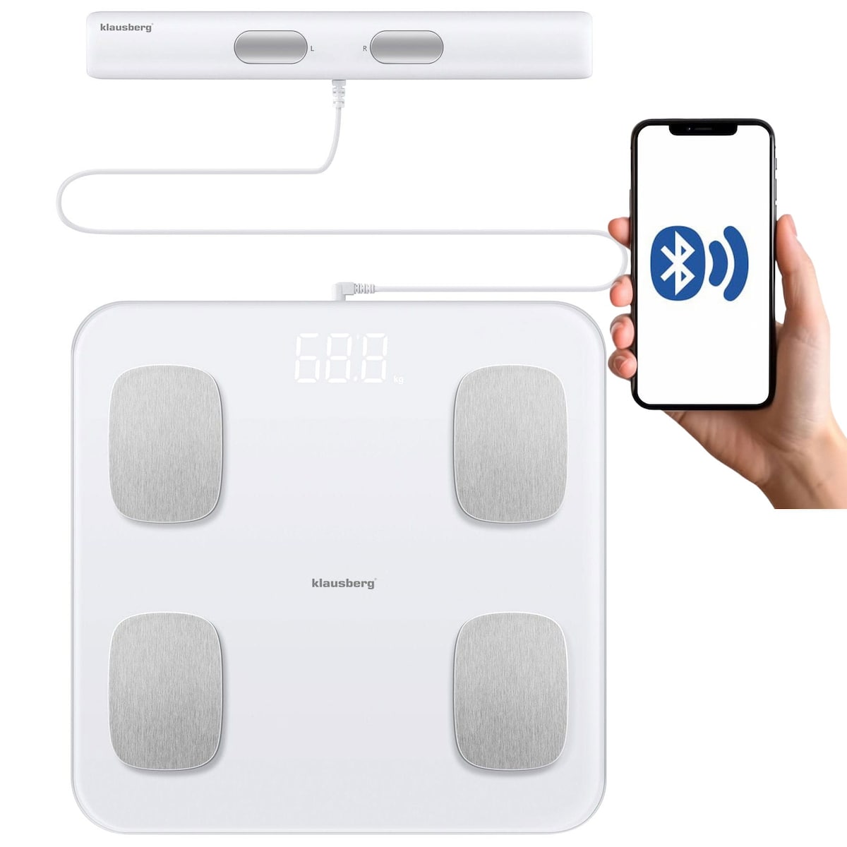Waga łazienkowa z pomiarem tkanki tłuszczowej i składu ciała, Smart, BT, KLAUSBERG biała