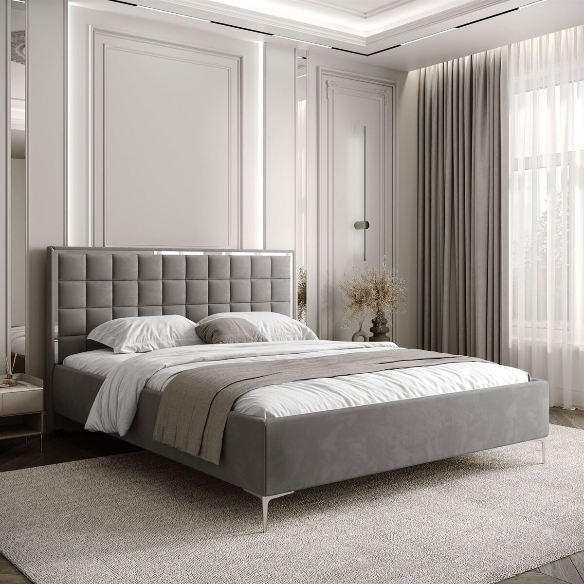 Łóżko tapicerowane ISADORA SILVER, pojemnik na pościel, stelaż 34, 160x200, RV 250