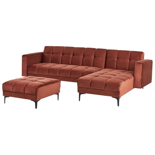 Sofa narożna lewostronna z otomaną ALNES Jasnoczerwony Welur Lewostronny