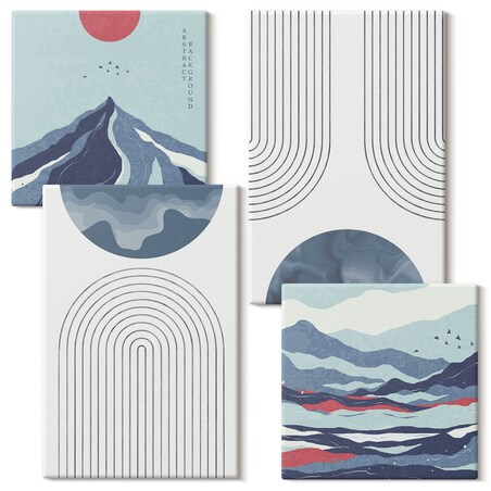 Zestaw 4 obrazów na płótnie - Abstrakcyjne górskie pejzaże boho - niebieski