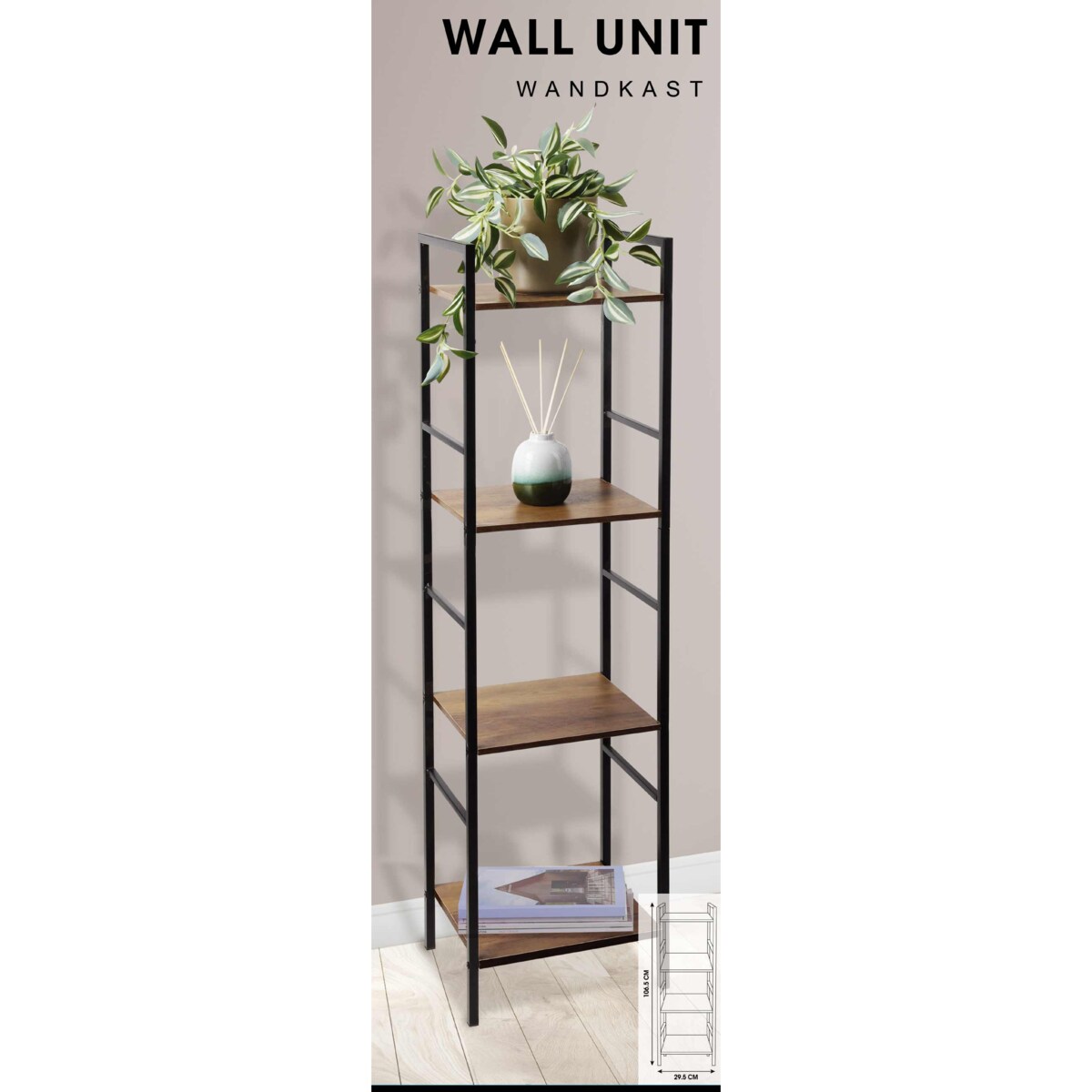 Metalowy regał do salonu z 4 półkami z MDF, 29,5 x 23,5 x 106,5 cm