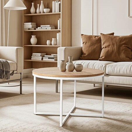 Stolik Kawowy Okrągły Skandynawski Ława Do Salonu Biały Dąb HANTEL Ø70