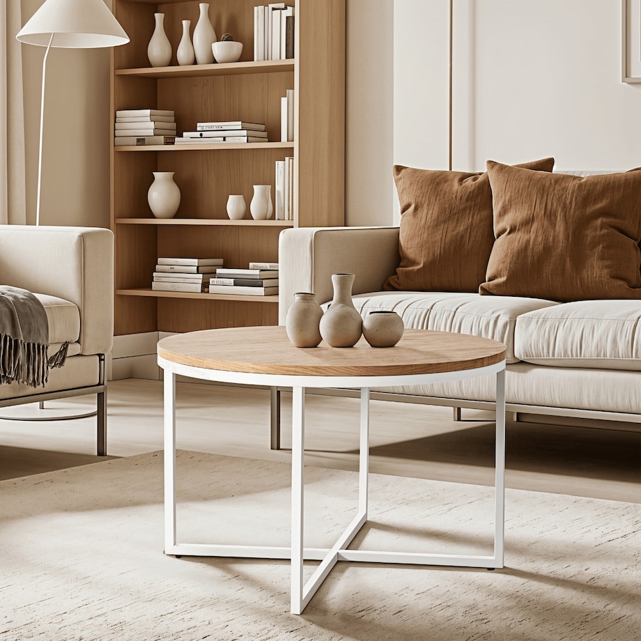 Stolik Kawowy Okrągły Skandynawski Ława Do Salonu Biały Dąb HANTEL Ø70