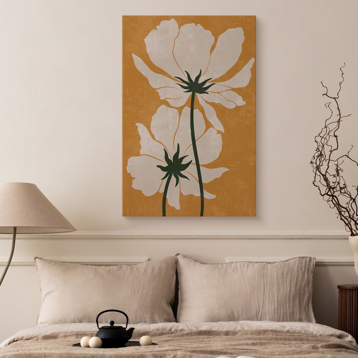 OBRAZ DO SALONU BIAŁE KWIATY LIŚCIE NATURA STYL BOHO MINIMALIZM 30x40cm