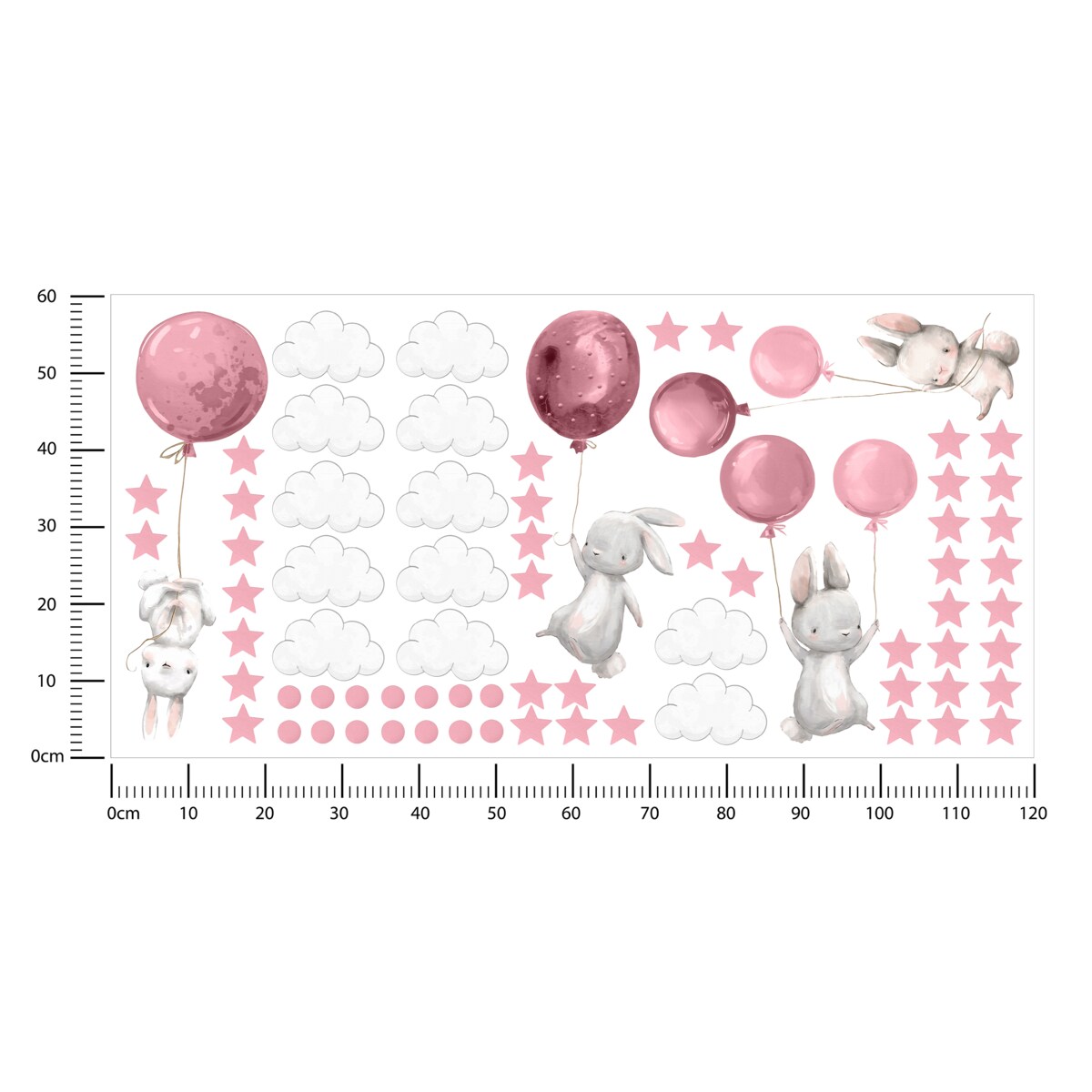 Naklejki Ścienne Dla Dzieci Króliczki Różowe Balony Chmurki Kropki ZESTAW 120x60cm