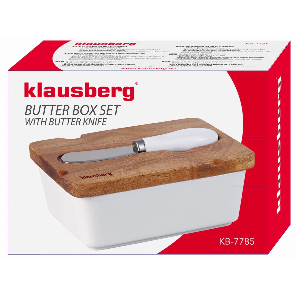 Porcelanowa maselniczka biała maselnica z nożykiem do masła pokrywka akacjowa KLAUSBERG