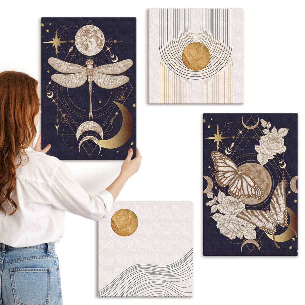 Zestaw 4 obrazów na płótnie - Motywy przyrody z księżycem - granatowy