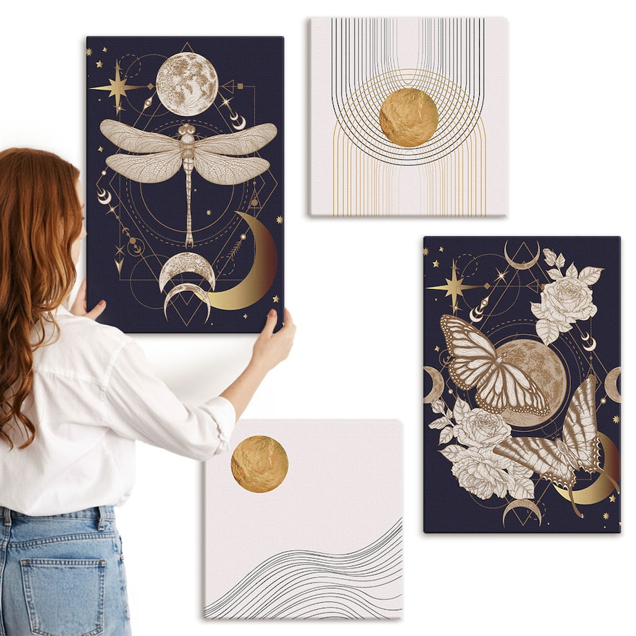 Zestaw 4 obrazów na płótnie - Motywy przyrody z księżycem - granatowy