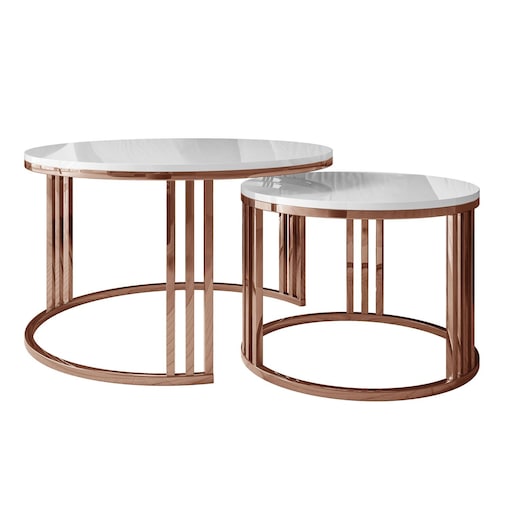 Zestaw stolików kawowych LORI 2w1 połysk, miedziana podstawa, biały połysk