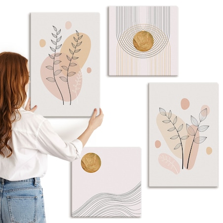 Zestaw 4 obrazów na płótnie - Minimalistyczne rysunki roślin - beżowy