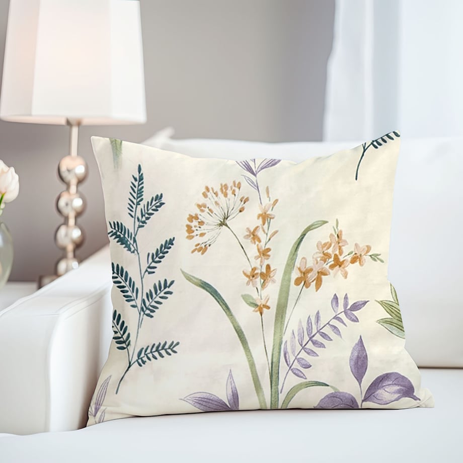 Poszewka dekoracyjna bawełniana 40x40 Herbalia kremowa w botaniczny wzór kwiatowy, Cottonlove