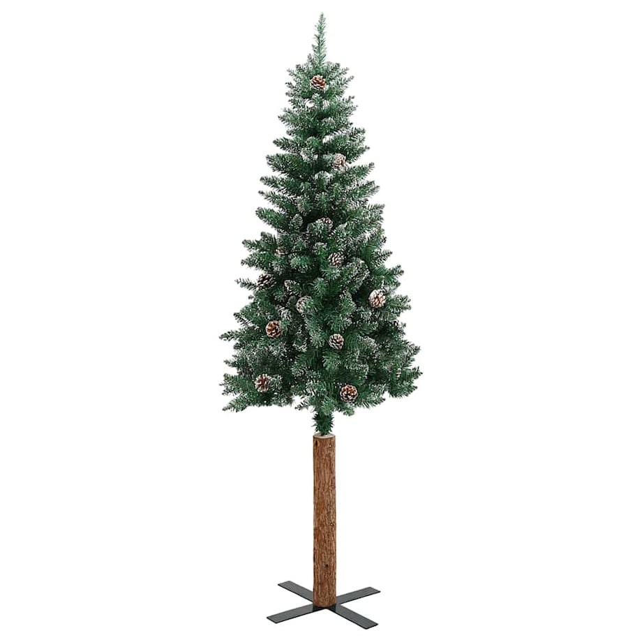 vidaXL Smukła choinka z drewnem i śniegiem, zielona, 180 cm