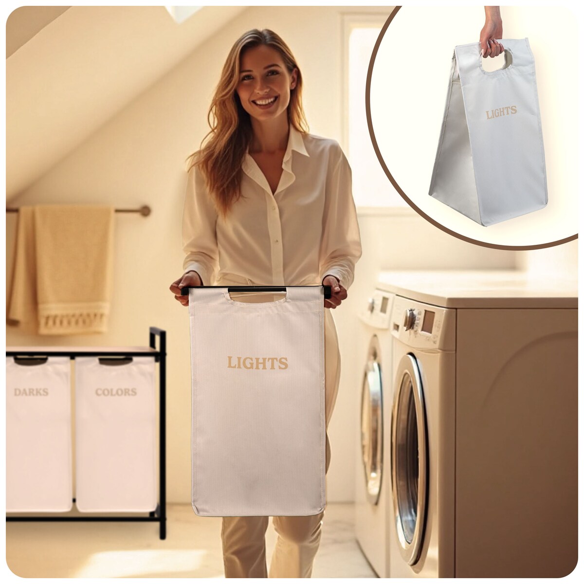 Massido, kosz na pranie 120l z półką trzykomorowy beżowy 92,5x33x72cm